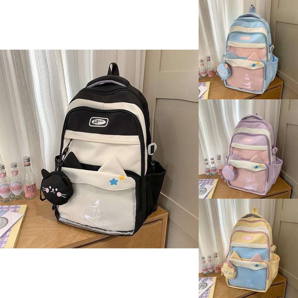 Fashion Color Blocked Cat Ear Design Student Backpack With Pendant And Badge For Middle School Girls
