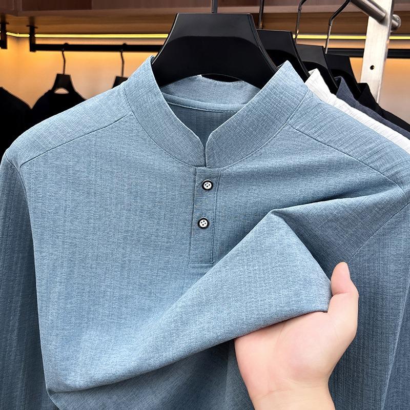 Men S Stand Collar Long Sleeve T Shirt Solid Color Casual Business Base Layer