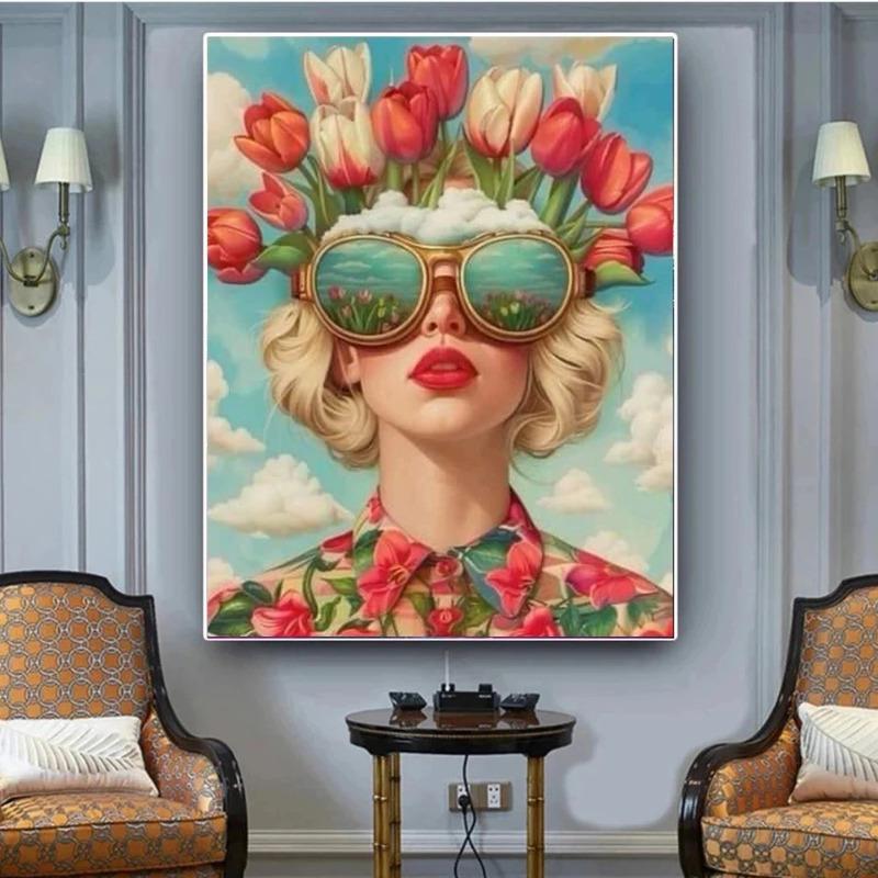 Beautiful Woman with Glasses Flower Canvas Painting Modern Wall Art Woman Character Posters and Prints Living Room Home Decor