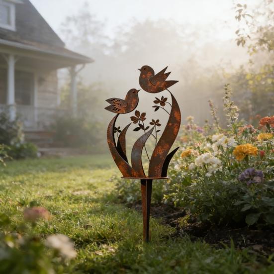 Yousheng Bird Wildflower Metal Garden Stake Decoration Weather-proof Outdoor Yard Lawn Patio Pathway Rusty Iron Floral Bird Stake Ornament