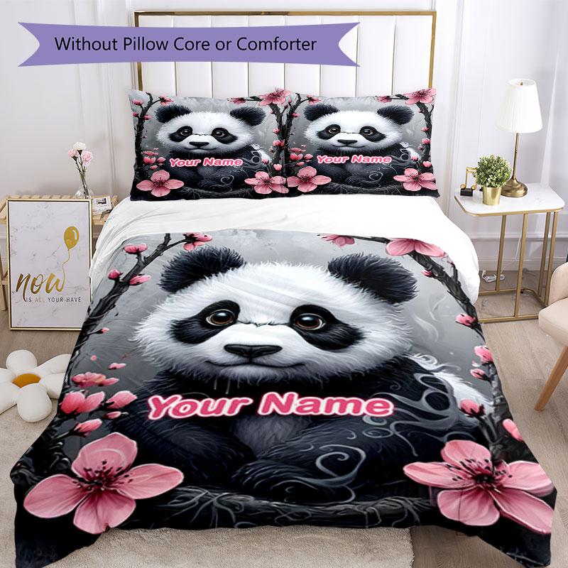 3PC Custom Name Panda Blossom Art Bedding Set Duvet Cover Closure Includes 1 Duvet Cover & 2 Pillowcases for Bedroom