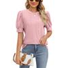 Women Button Puff Sleeve O Neck Breathable Solid Color Pullover T Shirt Blouse Top