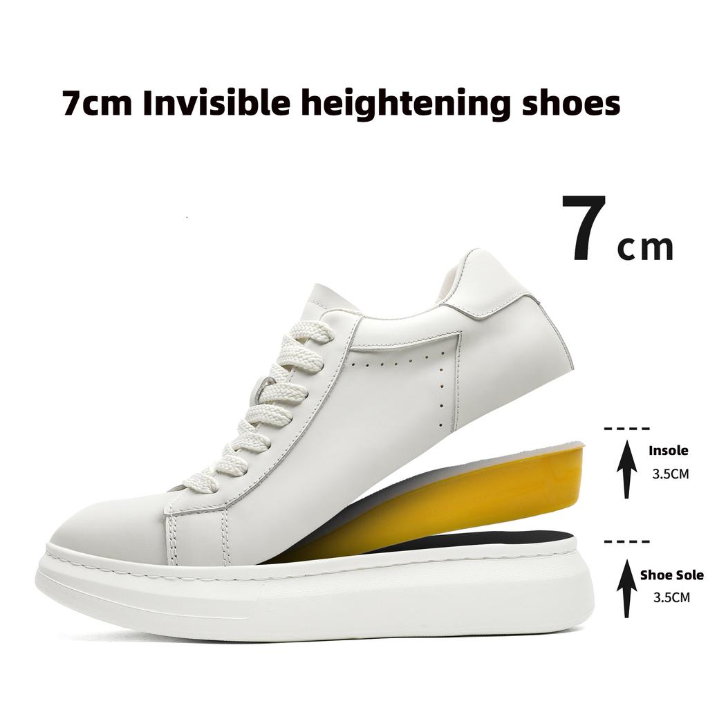Fashion New Men's Designer White Genuine Leather Invisible Platform Height Increasing Shoes Male Causal Flats Moccasins Walking Sneakers