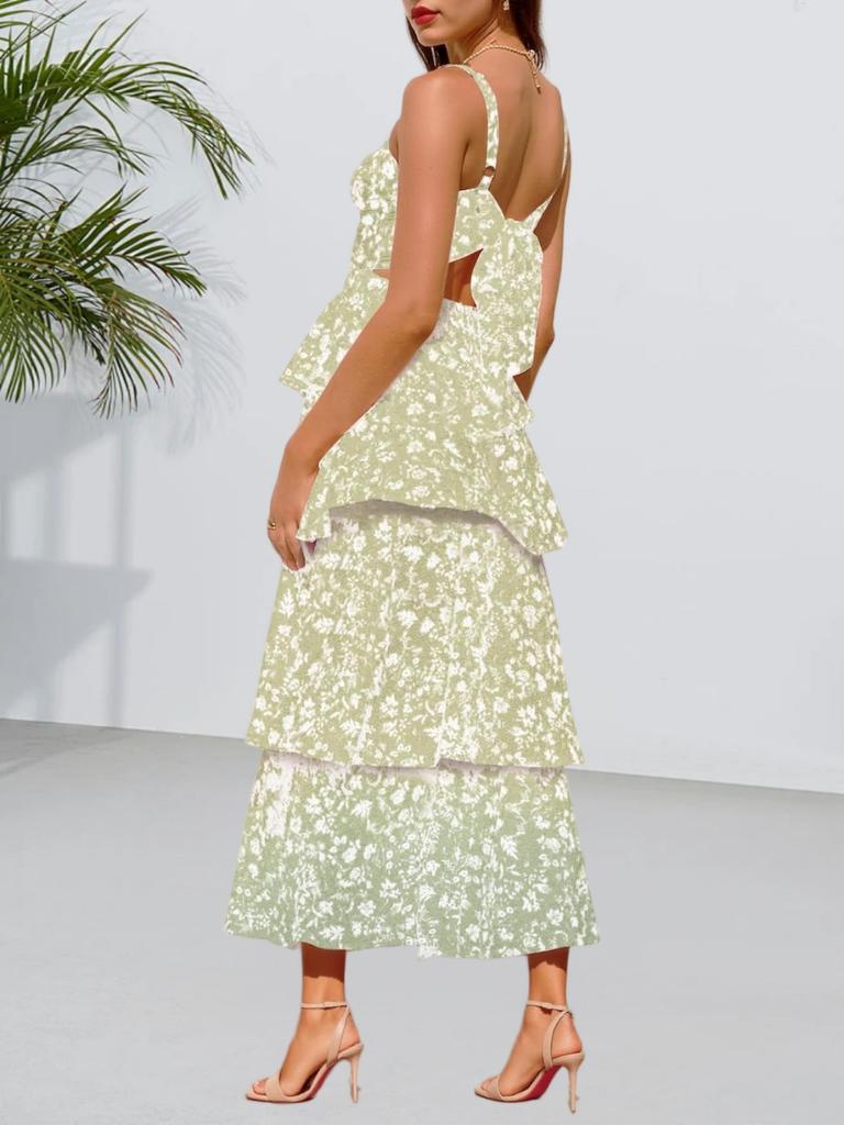 Women's Floral Maxi Dress Spaghetti Strap Ruffle Tiered Sleeveless Summer Dress