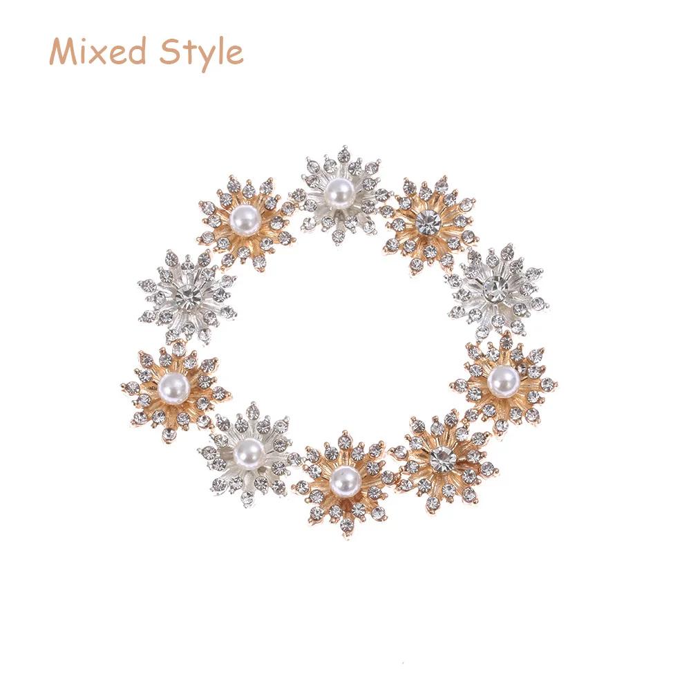10pcs Flower Rhinestones Buttons Pearl Button Diamante Crystal Bow Wedding Bride Holding Scrapbooking Accessories Apparel Sewing