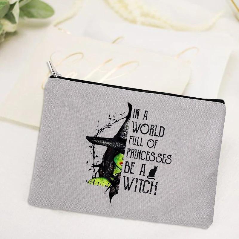 Witch Print Canvas Zipper Makeup Bag Witchcraft Women Travel Lipstick Bag Skincare Storage Organizer Pencil Case Cosmetics Bags