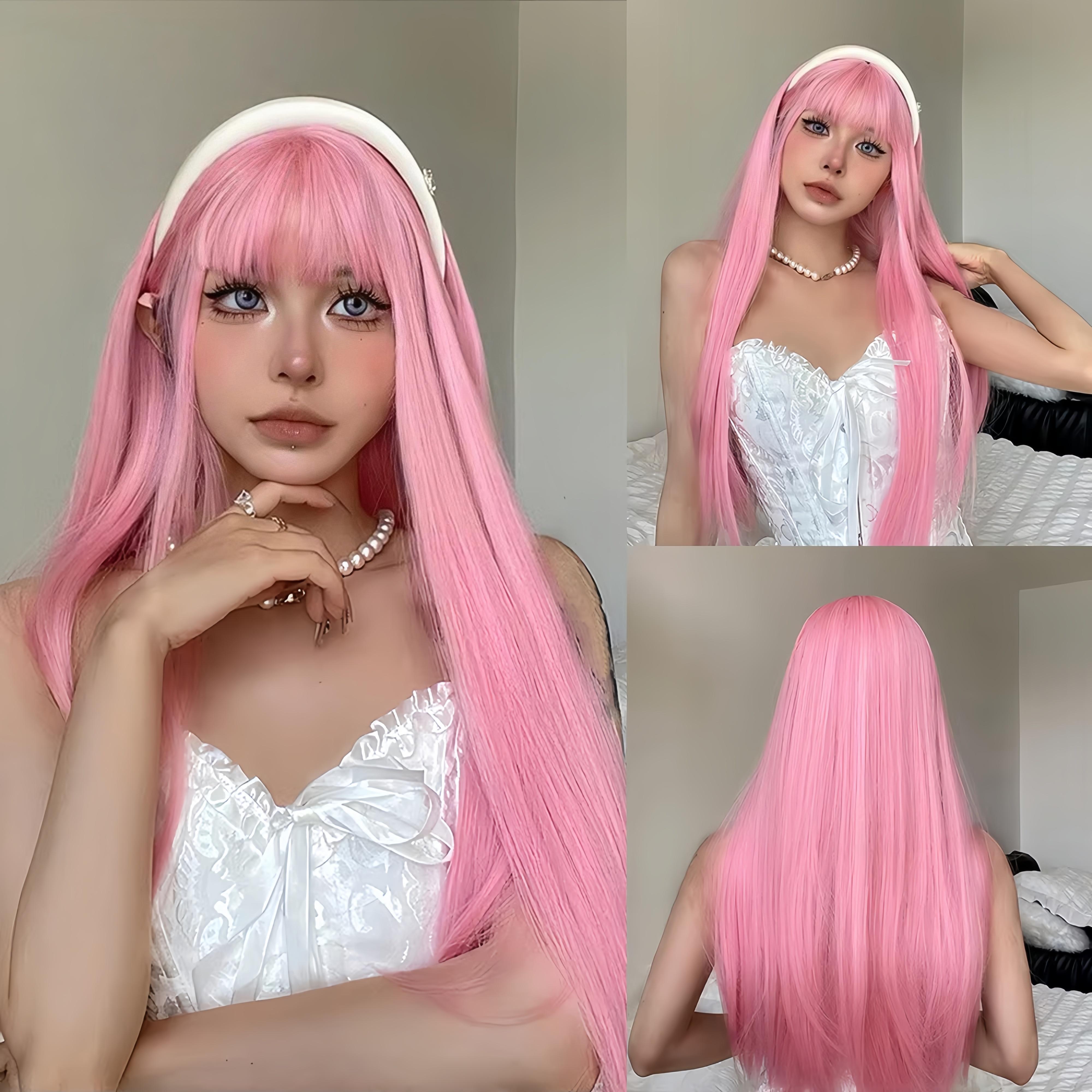 Perruque synthétique rose à longs cheveux raides pour fête d'Halloween, perruque cosplay pour usage quotidien, accessoire de coiffure haute température, kit de perruque 26inches