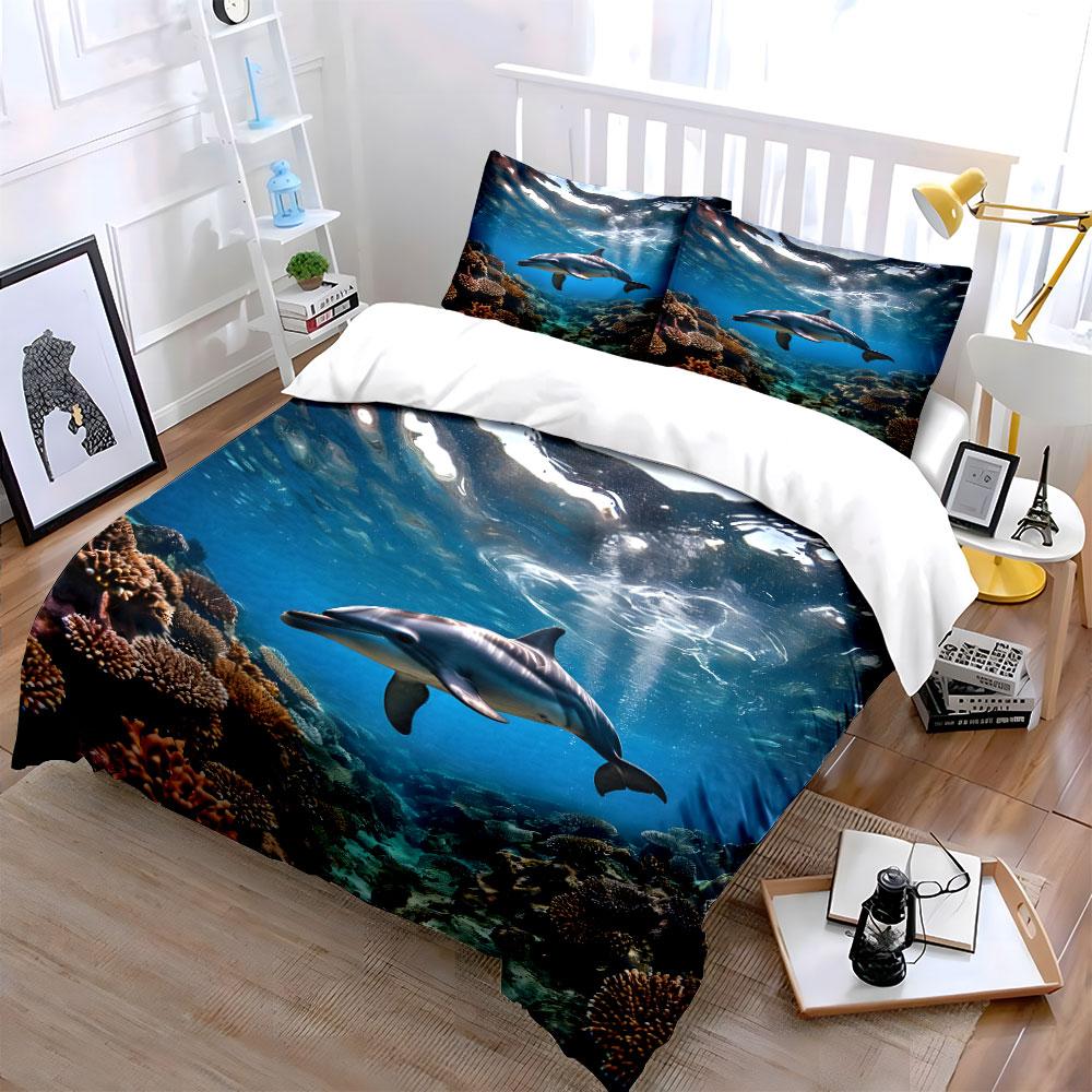 Dolphin Underwater With Corals Print Bedding Set 1 Duvet Cover 2 Pillowcases For Adult And Children Luxury Gift Full Size