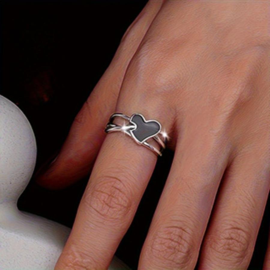 1pc Women's Fashion Wide Band Ring, Silver-Plated Multi-Layer Black Heart Ring, Minimalist Open Adjustable Hypoallergenic Index Finger Ring