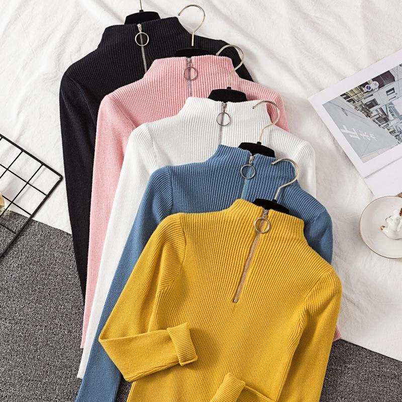 Knitted Women Zipper Half High Neck Ring Zipper Slim Top Sweater Pullovers Autumn Winter Basic Women Sweaters Slim Solid Knitwear Pull Femme Tops
