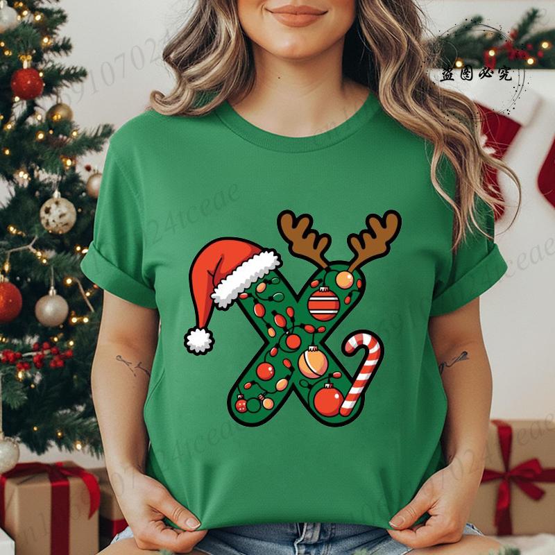 Fashion Printed T Shirt Festive Christmas Alphabet Letter with Santa Hat Women T Shirt Short Sleeves Crew Neck Female Clothes