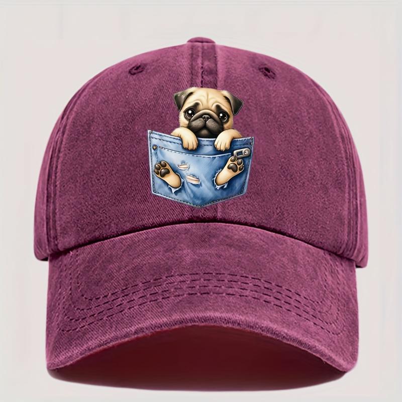 A Cute Dog Pattern Design Adjustable Vintage Washed Baseball Cap, Suitable for Street Outdoor Fashion for Both Men and Women