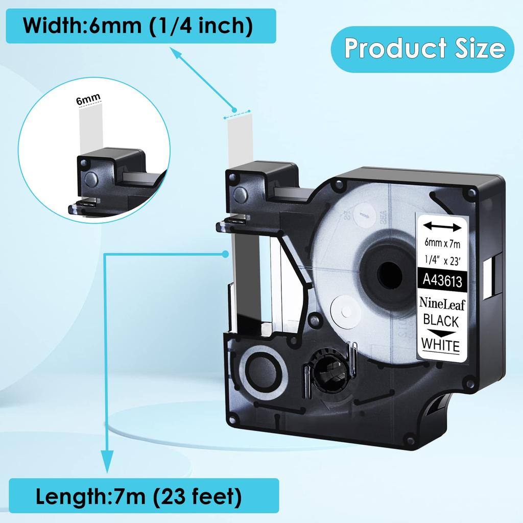 5PK 6mm D1 Standard Tape Labels Compatible for Dymo 43613 Black On White Laminated Labels for LabelWriter Duo 3M PL100 Printers