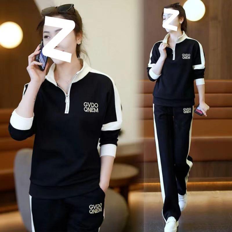 Spring and Autumn Women's Thin Korean Version Loose Stand-up Collar Color-blocked Wide-leg Pants Sportswear Casual Suit Two-piece Set