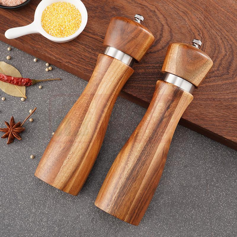 Acacia Wood Pepper and Sea Salt Grinder Set with Ceramic Core and Steel Ring