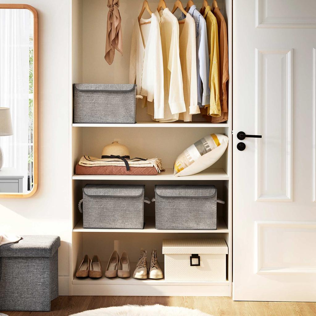SONGMICS Storage Boxes with Lid, Set of 3 Fabric Storage Boxes and Organiser Bins with Cotton Handles, Linen Pattern, Grey