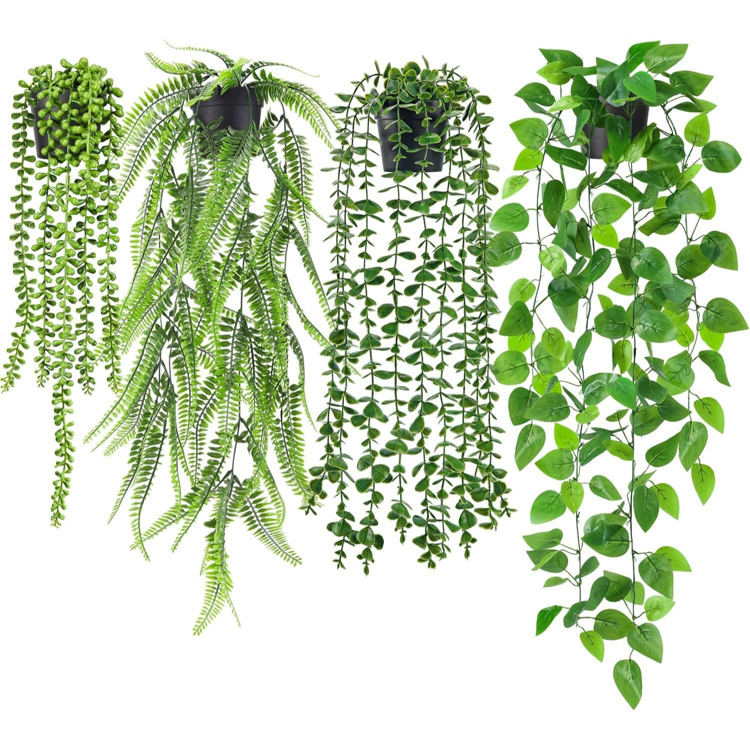 

4Pcs Artificial Hanging Plants Set Ivy Vine, Eucalyptus, Boston Fern, String of Pearls for Indoor Outdoor Home Decor зелёный