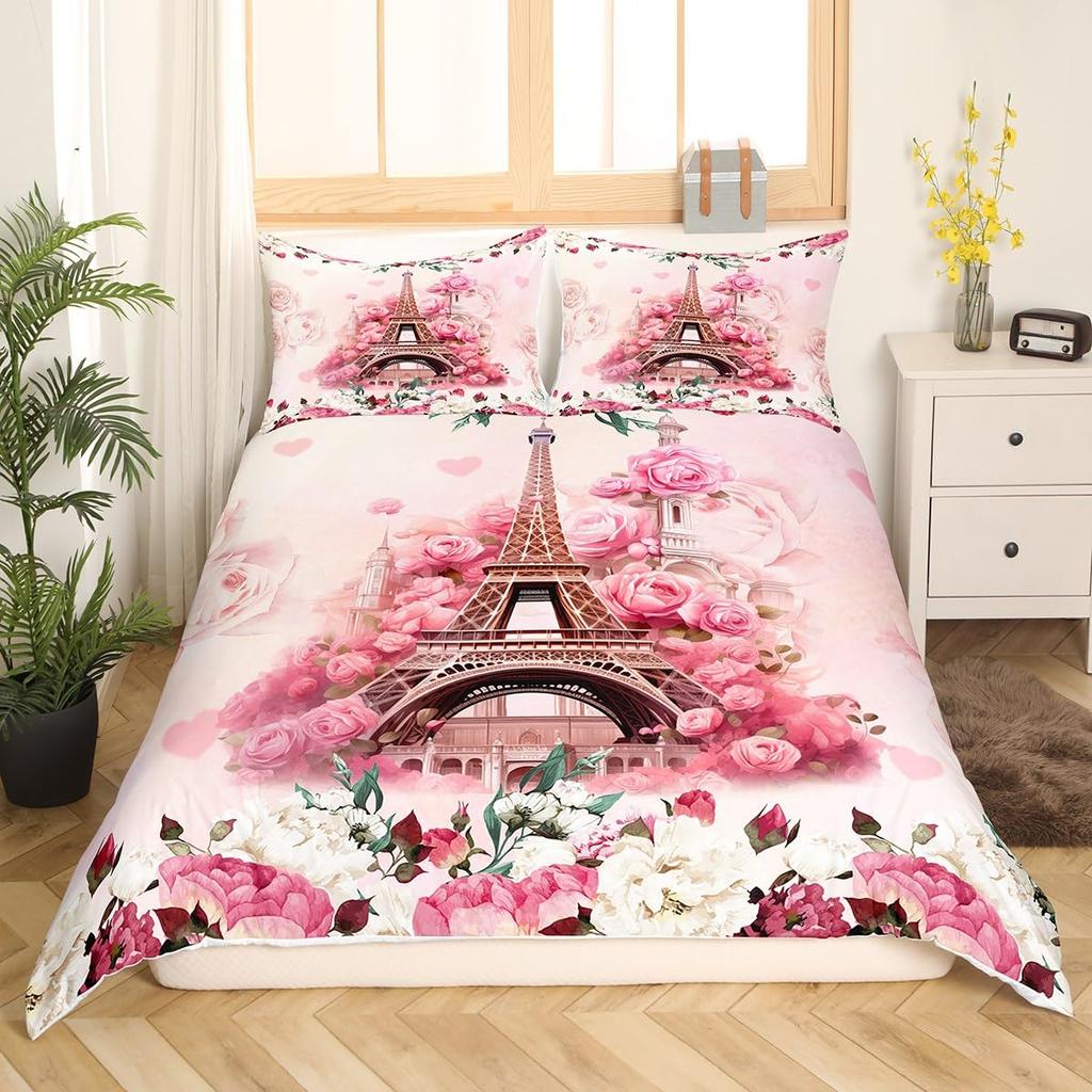 Eiffel Tower Duvet Cover for Teens Adults Queen Lightweight Down Quilt Covers Bedroom Decor 2 Pillowcases 1 Duvet Cover No Quilt