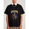Crewneck T Shirt White Crusade Wizard with Book and Serpents Graphic Print for Casual Wear