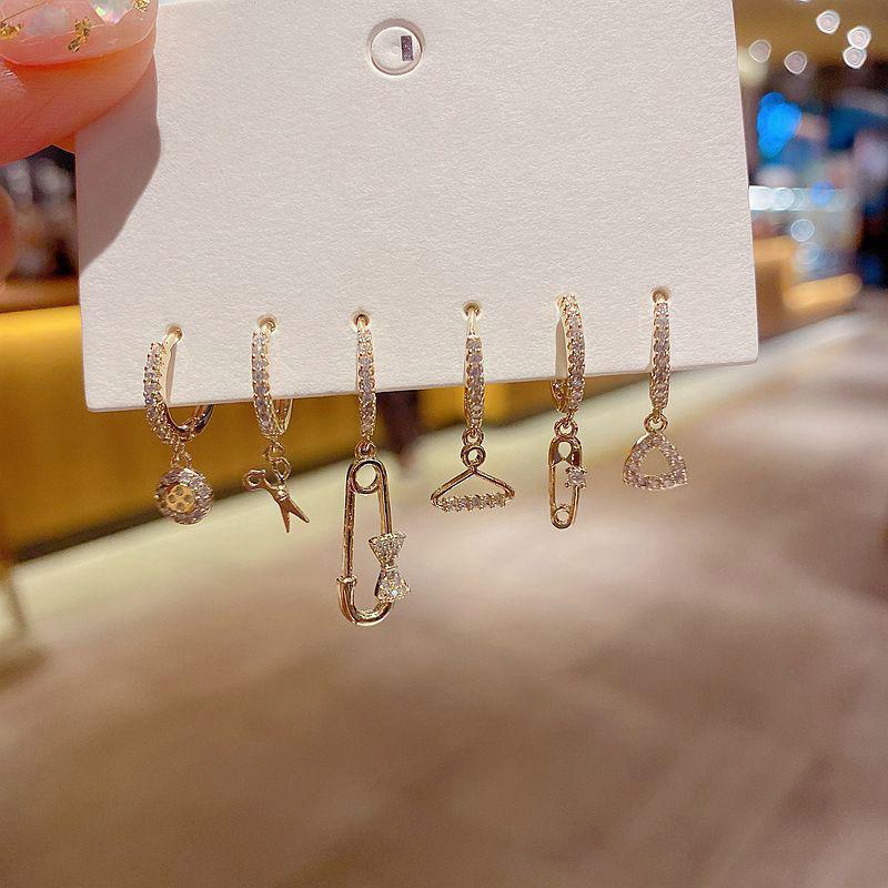 ANENJERY 6 Pieces/set Star Scissors Pin Bow Earrings Set Zircon Earring Korean Fun Ear Buckle Accessories