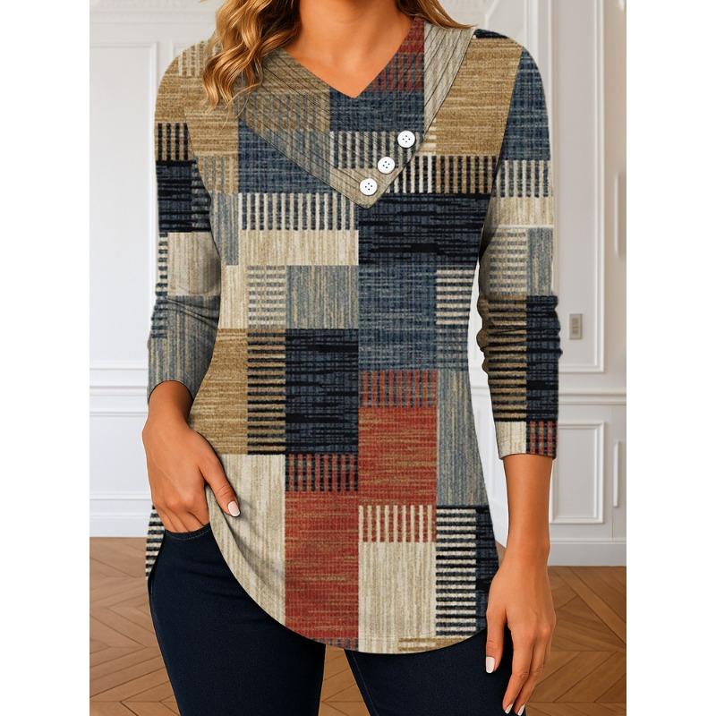 

Women s Patchwork Print 3/4 Sleeve V-Neck Blouse Asymmetrical Hem Multi-Color Options S бежевий