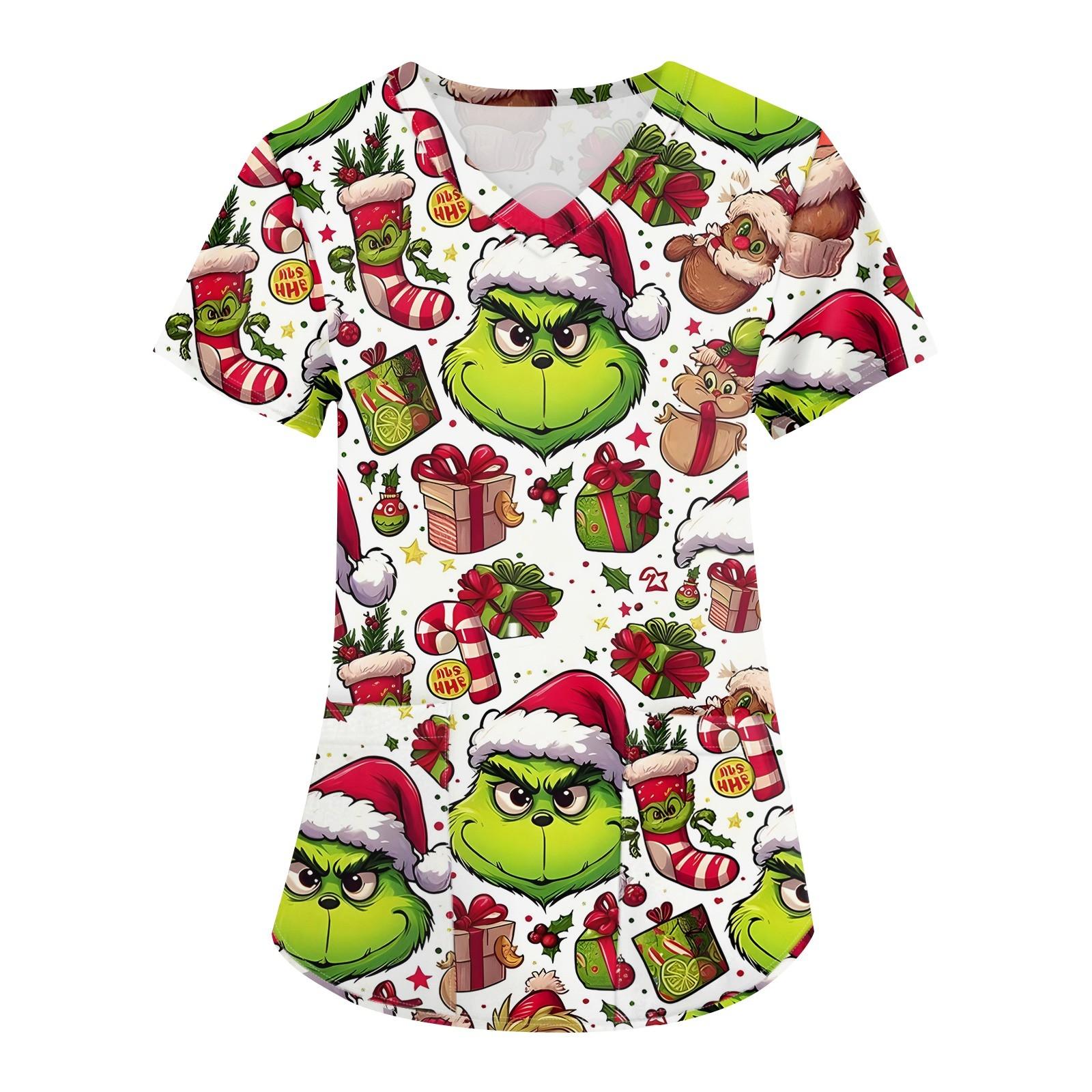 

Women s Christmas Printing Uniform Work Uniform V-Neck Pocket Protective Work Uniform XXL зелений