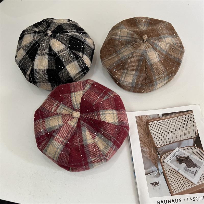 

Autumn and winter new retro fashion plaid bright diamond beret children autumn and winter versatile face small painter hat M（56-58cm） чорний