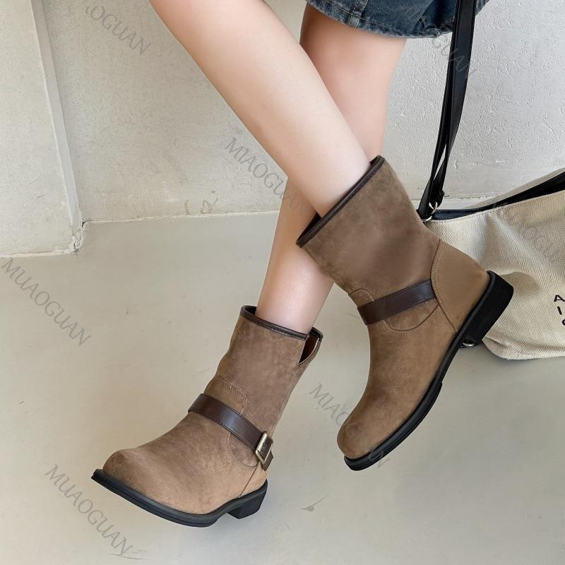 Fashion Retro Frosted Boots for Women Autumn Fashion Round Head Slip on Low Heeled Short Botas Suede Temperament Elegant Women's Shoes