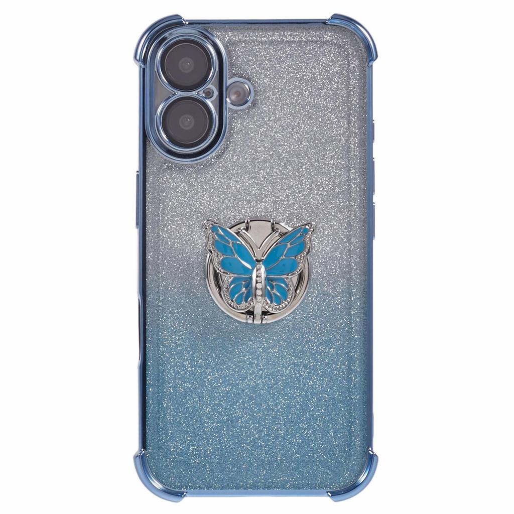 For iPhone 16 Case Butterfly Kickstand Glitter TPU Shockproof Phone Cover - Blue