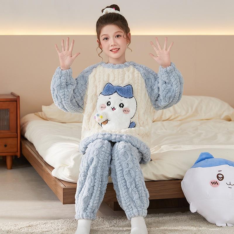 Girls Winter Coral Fleece Pajama Set Cartoon Animal Print Thick Warm Sleepwear Ages 8