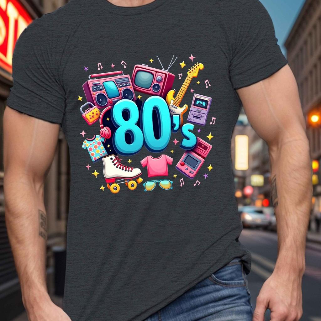 80s Retro Collage Graphic Tee Men Casual Round Neck Soft Cotton Short Sleeve TShirt