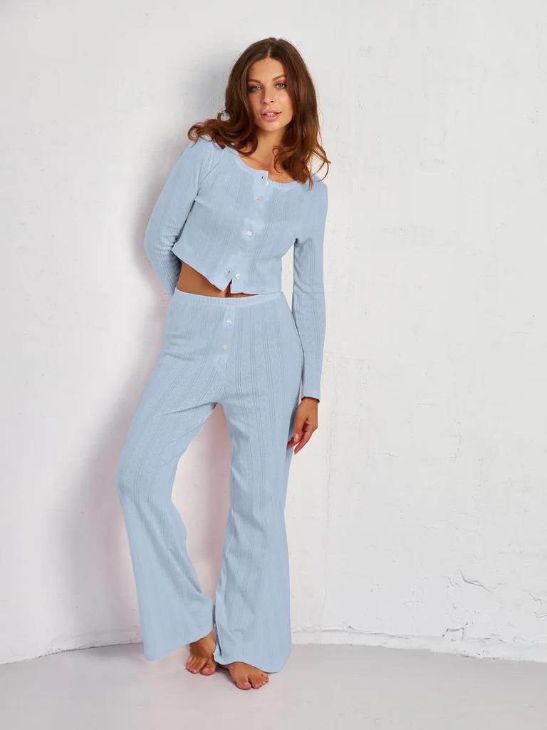 European Fashion Long Sleeve Jacquard Pajama Set with Hollow Design - Sexy Slim Fit Long Pants Home Wear
