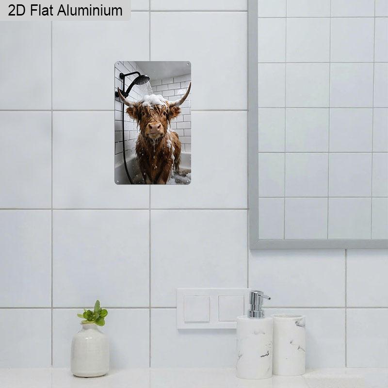 2D Flat, 1pc Funny Highland Cow In Shower Aluminium Metal Wall Decor Sign - 8"x12" Humorous Bathroom Decor, Cute Highland Cattle Bathtub Wall Art