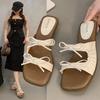 Medium heel nude fairy wind small cool slippers women's shoes wear 2025 new summer bow holiday sandals