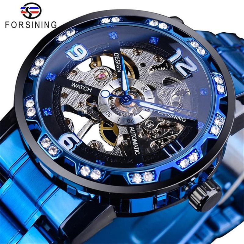 Forsining Watch Men S Fashion Casual Classic Popular Hollow Rhinestone, Manual Mechanical Watch
