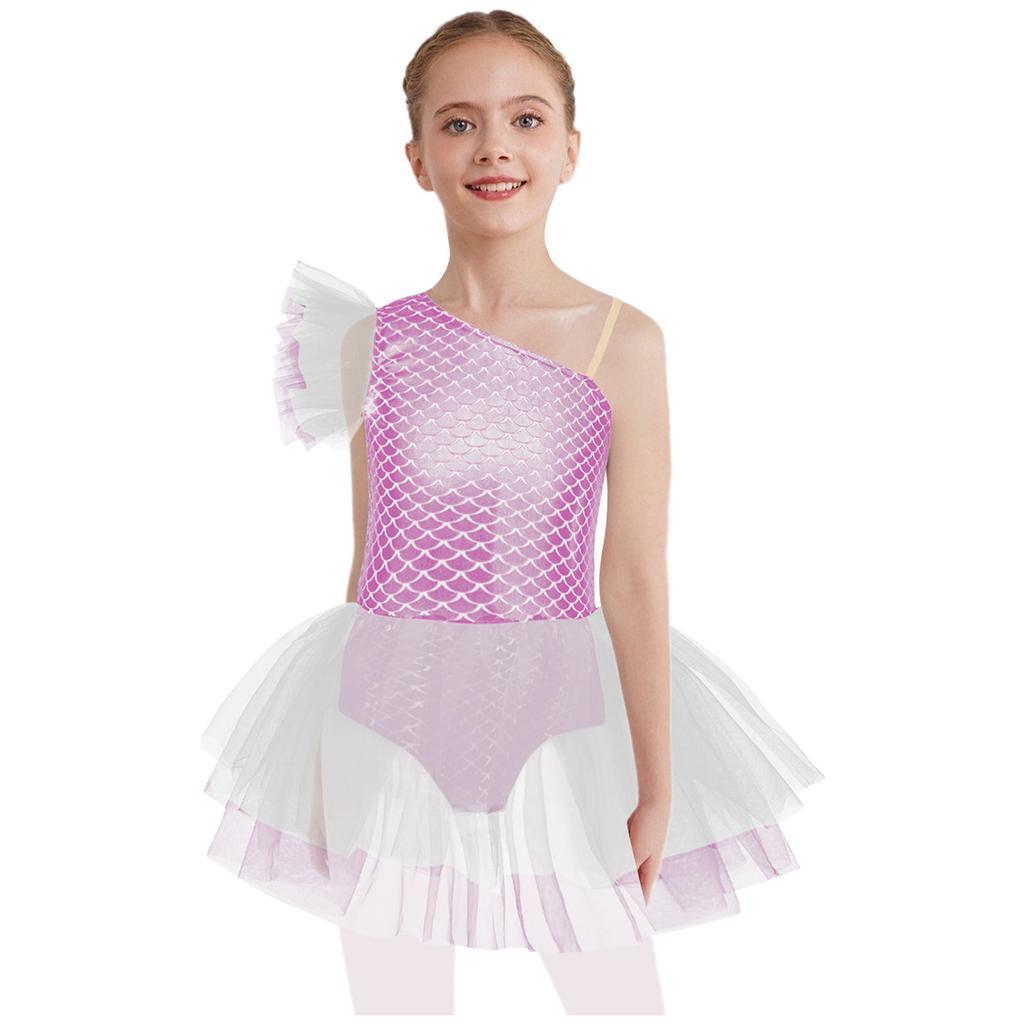 Αποκριάτικη Στολή Μπαλαρίνας για Κορίτσια: Τουτού Φόρεμα με Έναν Ώμο και Σχέδιο Λεπίδες Ψαριού, Αμάνικο Λεοτάρ/Μπλουζάκι Χορού