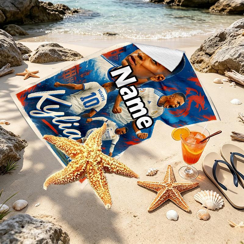Personalisierbares Strandtuch mit Kylian Mbappe Aufdruck und individuellem Namen, für Reise Camping Strandparty Heimdekoration, Geburtstagsgeschenk für Familie & Freunde