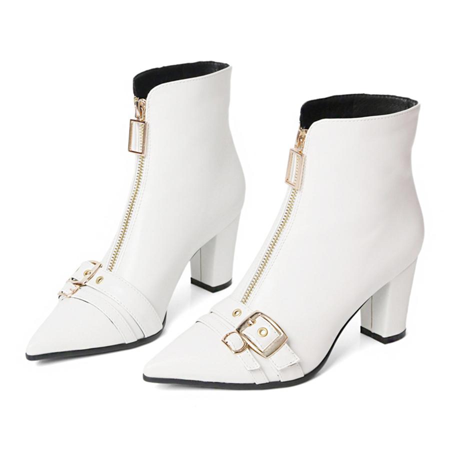 

FOREADA Женские ботильоны с острым носком, на массивном высоком каблуке, с пряжкой и молнией, короткие ботинки, женская модная обувь, зимние, черные 36