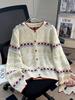 Women's Fair Isle Knitted Cardigan - Red Floral Pattern, Loose Lazy Style for Autumn and Winter.
