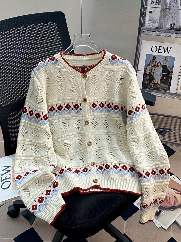 Women's Fair Isle Knitted Cardigan - Red Floral Pattern, Loose Lazy Style for Autumn and Winter.