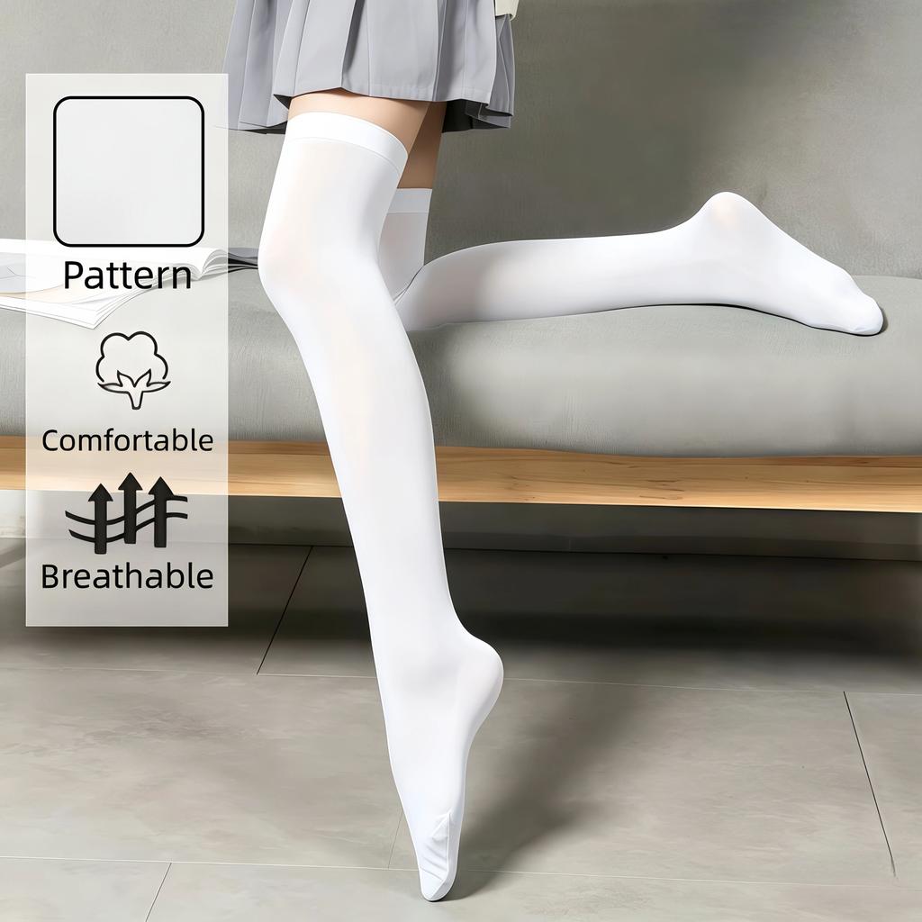 Women'S Solid Pure White Thigh High Socks Skin Friendly All Purpose Over The Knee Stockings For Daily Casual Outdoor Use
