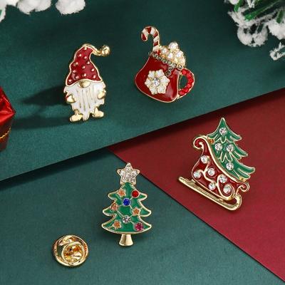 Hot Sale Fashion Alloy Diamond Christmas Tree Sleigh Cute Christmas Theme Brooch