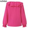 VONDA Women Casual Ruffled Round Neck Long Sleeve Solid Color Blouses