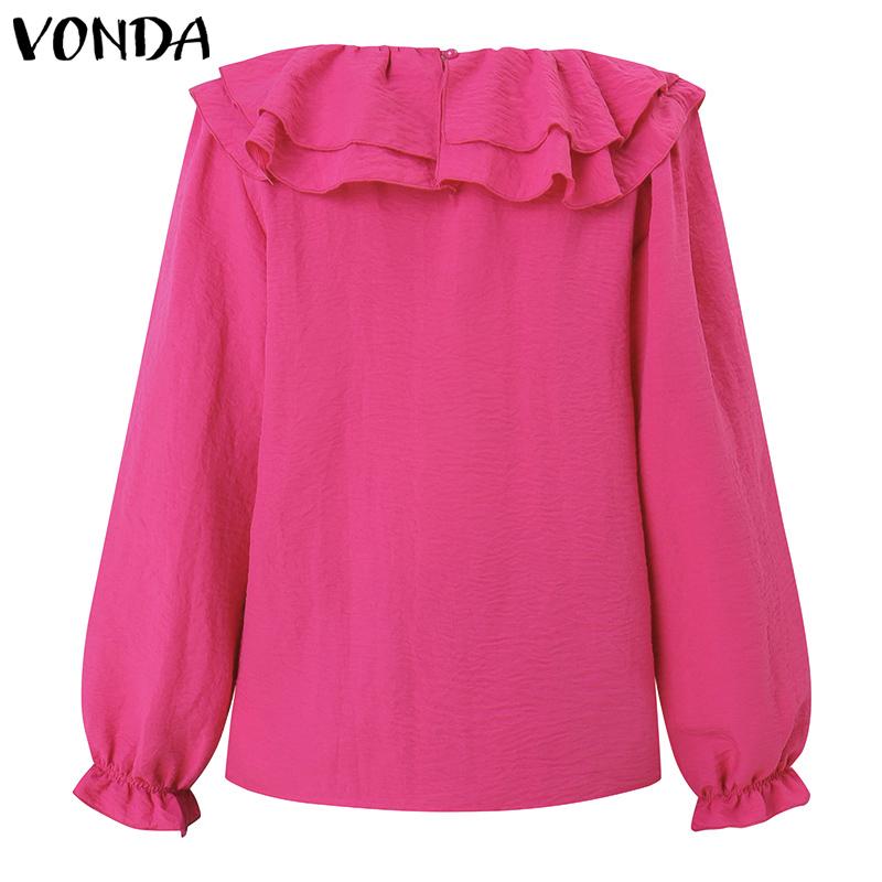 VONDA Women Casual Ruffled Round Neck Long Sleeve Solid Color Blouses