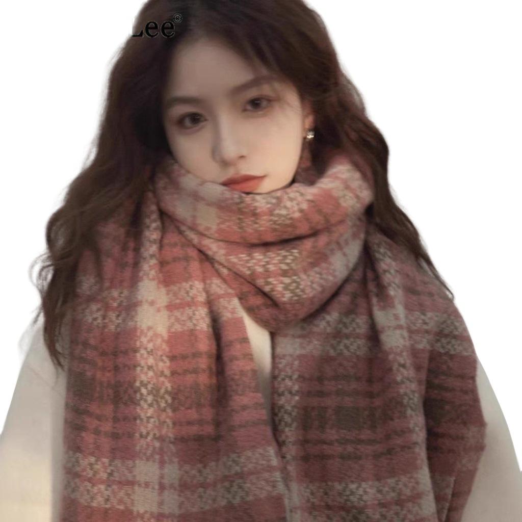 Retro Plaid Scarf Women's Winter New Rose Pink Scarf Autumn and Winter Atmosphere Sense of Advanced Sense of Versatile Tide