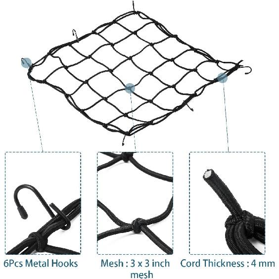 Motorcycle Cargo Net, 2Pack 15.7"x15.7", Heavy Duty Bungee Net Stretches to 31.5"x31.5", Gear Helmet Luggage Thicken Netting with 2"x2" Small Mesh &