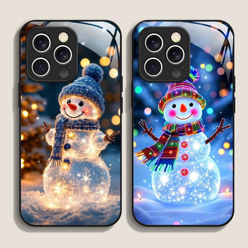 Winter Christmas Snowman Pattern Tempered Glass Phone Case for IPhone 16 Pro Max 16e 15 14 13 12 Mini 11 X XS 7 8 14 Plus Cover