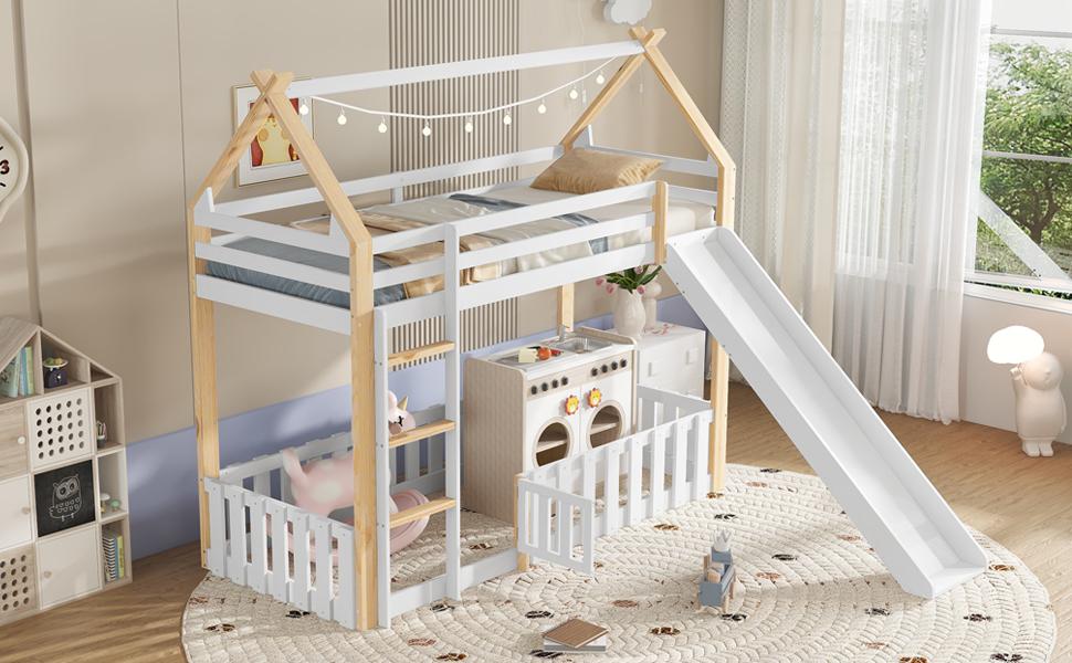 Bunk Bed, Children's Bed, with Fun Slide, Free Space with Fence, Sturdy Slatted Frames and Ladder, Pine + MDF + Plywood, White+Natural, 90x200cm