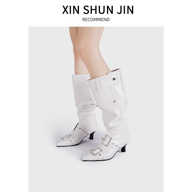 New Heavy Industry Big Tube Circumference Fashionable Stacking Boots Long Boots Pleated Fashion Retro Polished High Knight Boots