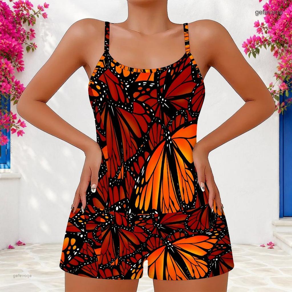 Women Plus Size Two Piece Set Scoop Neck Strappy Tank Top And Shorts Neon Green Black Printed